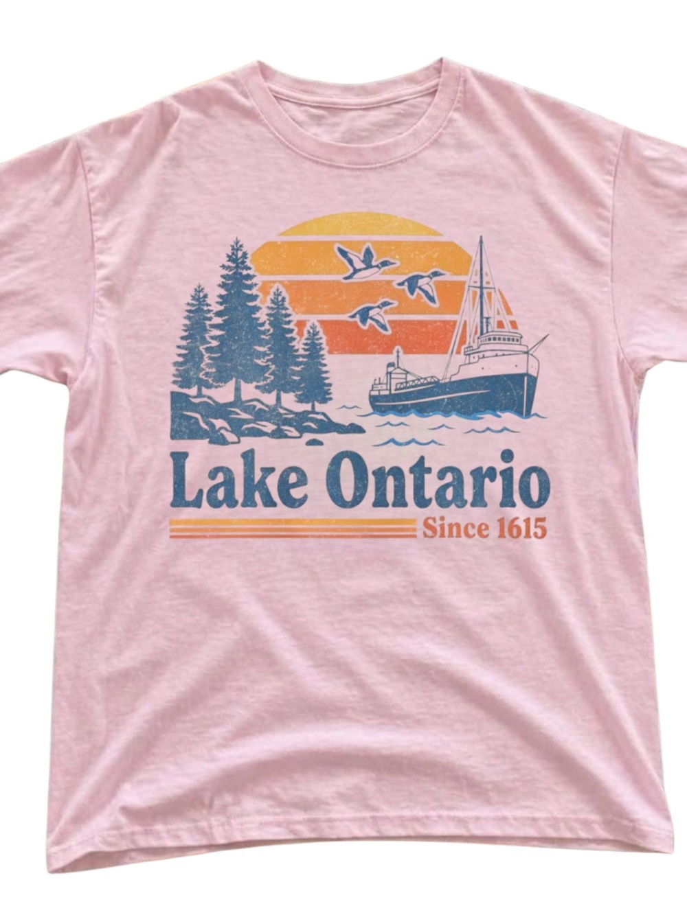 Gildan Pink Lake Ontario Tee with Blue and Orange Graphic, Gift For Her, For Him
